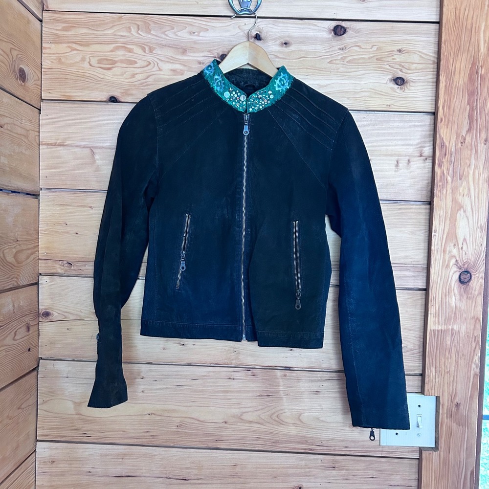 Vintage Suede Leather Jacket Womens Medium Black Teal Southwestern Seduction